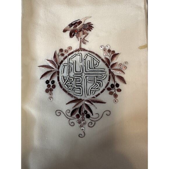 Antique Elegant Embroidered Symbol Pattern 100% Silk Scarf Chinese Beige - Picture 5 of 8